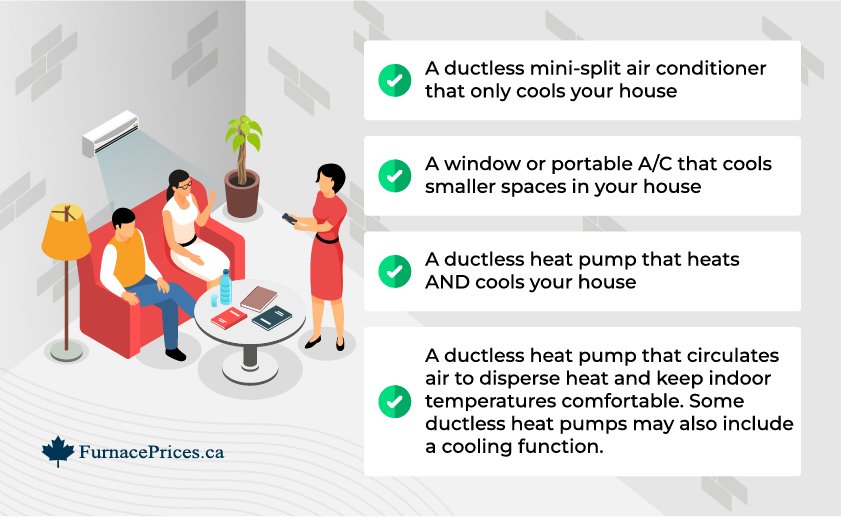 A ductless mini-split air conditioner that only cools your house
A window or portable A/C that cools smaller spaces in your house
A ductless heat pump that heats AND cools your house
A ductless heat pump that circulates air to disperse heat and keep indoor temperatures comfortable. Some ductless heat pumps may also include a cooling function. This type of system is more common in milder or warmer climates like the Southern US.