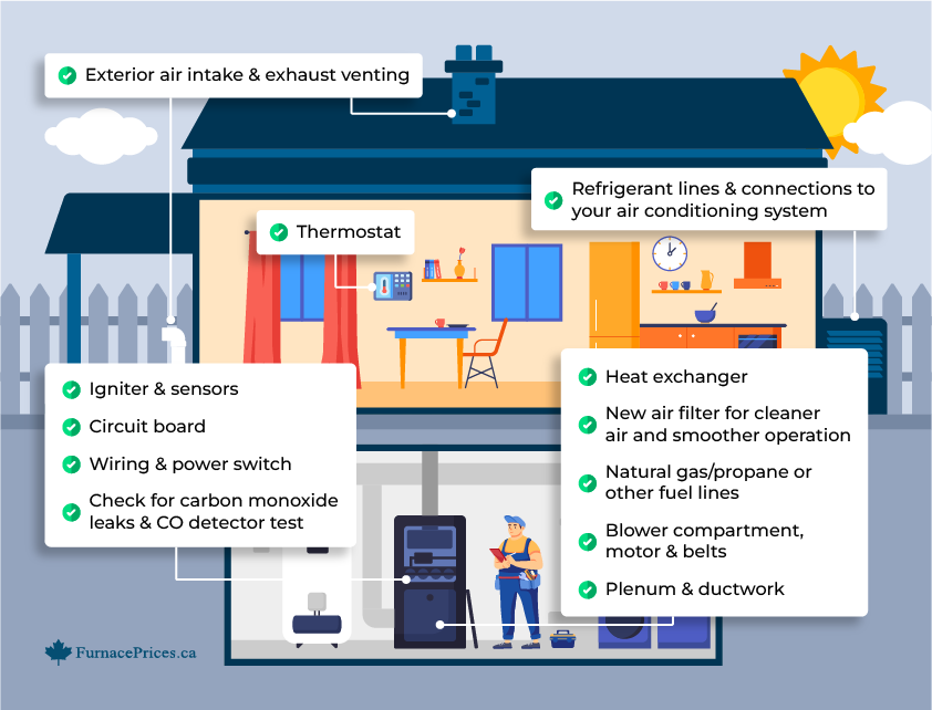 Heat exchanger
New air filter for cleaner air and smoother operation
Natural gas/propane or other fuel lines
Blower compartment, motor & belts
Thermostat
Exterior air intake & exhaust venting
Plenum & ductwork
Igniter & sensors
Circuit board
Wiring & power switch
Check for carbon monoxide leaks & CO detector test
Refrigerant lines & connections to your air conditioning system if applicable (your AC isn't the main focus obviously, but it does use certain furnace components)