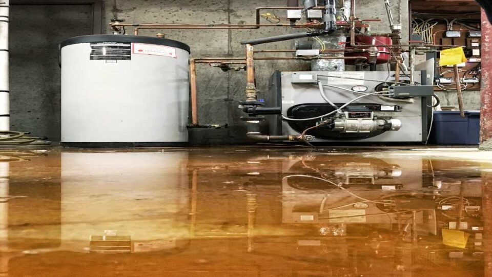 A furnace room with water on the floor